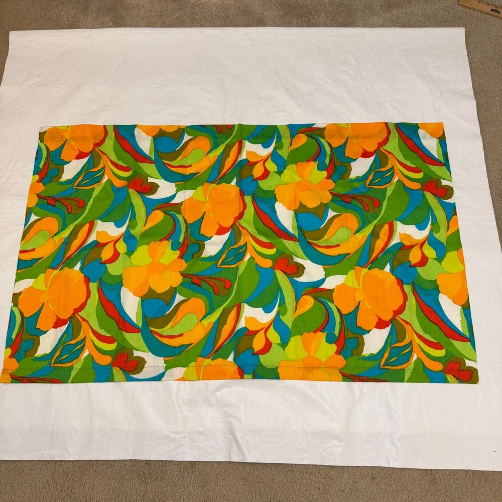 Colorful Floral Window Panels Set of 2 Orange Blue Green 27x40 Handmade Retro